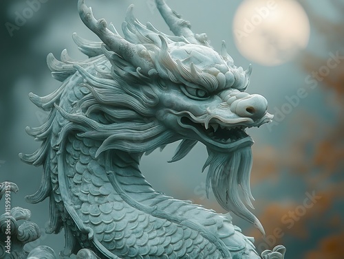 Radiant Jade Dragon Sculpture Shrouded in Mystical Mist under Silvery Moonlight photo