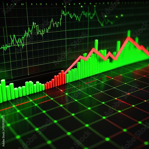 A detailed and dynamic financial chart with Japanese candles, smooth trend lines, numerical data, and a dark background, showing activity in the financial markets, technological and modern style