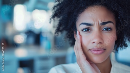 Worried Woman Touching Face, Office Background, Stress, Anxiety, Concern photo