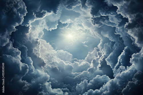 A dark, swirling vortex of clouds with the sun shining through in the center, creating an ethereal and mystical atmosphere.