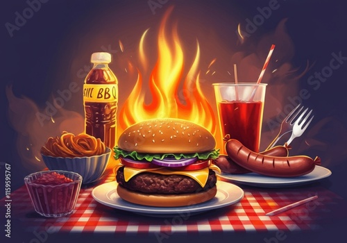 Wallpaper Mural Delicious barbecue feast featuring a burger, sausage, and sides Torontodigital.ca