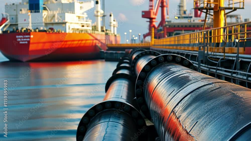 Massive wet industrial pipes extending towards cargo ship docked at bustling maritime port, representing global logistics and energy infrastructure
