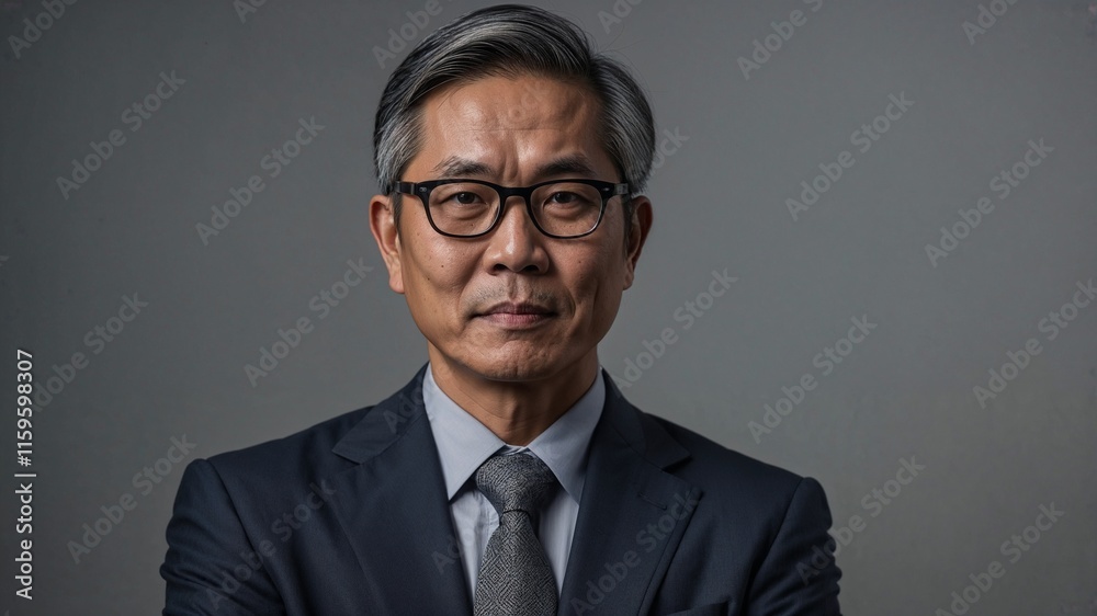Asian Businessman in Formal Suit and Glasses with Professional Leadership Presence Asian Businessman in Formal Suit and Glasses with Professional Leadership Presence