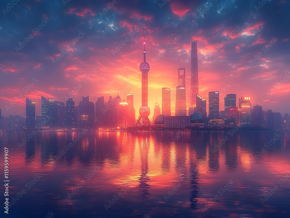 Majestic Cityscape Reflected in Serene River at Dusk Shanghai s Iconic Skyline Aglow with Radiant Lights Majestic Cityscape Reflected in Serene River at Dusk Shanghai s Iconic Skyline Aglow with Radiant Lights