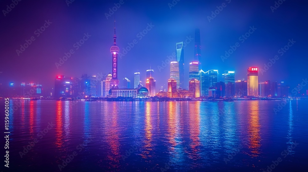 Captivating Nighttime Skyline of Shanghai s Iconic Waterfront with Mirrored Reflections and Vivid Illuminations Captivating Nighttime Skyline of Shanghai s Iconic Waterfront with Mirrored Reflections and Vivid Illuminations