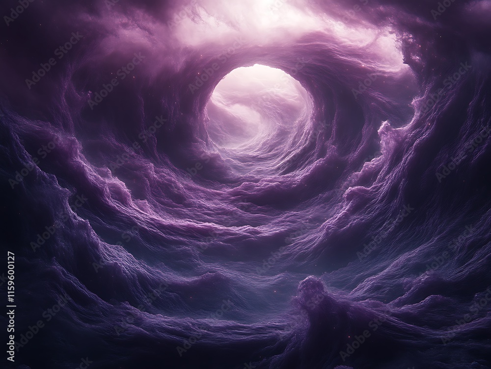 Fototapeta premium Purple swirling clouds form a cosmic tunnel leading to light