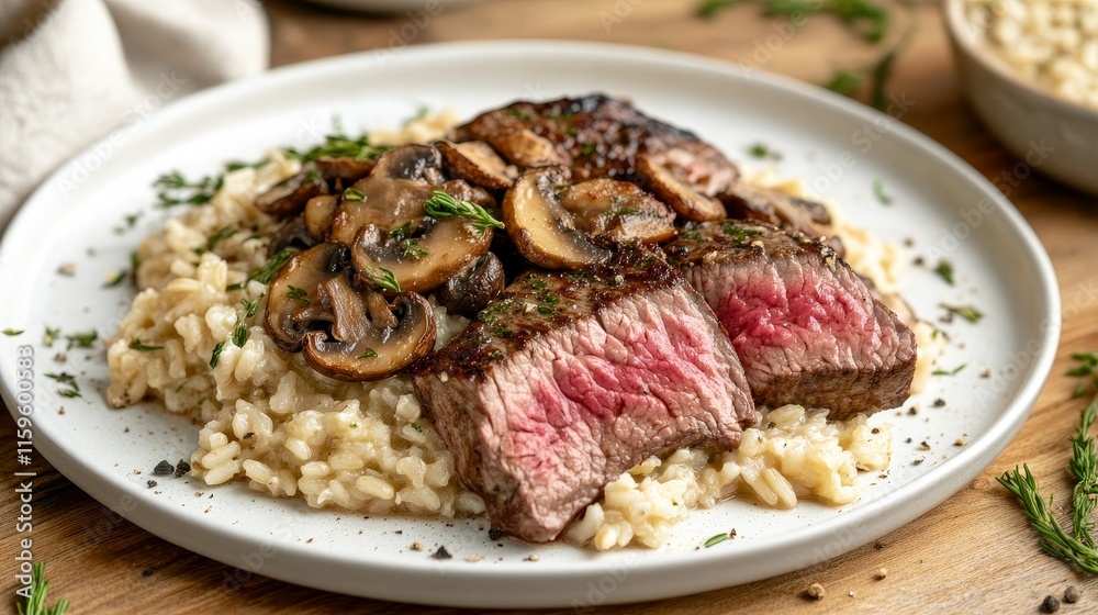 Sliced steak with mushrooms and risotto on white plate