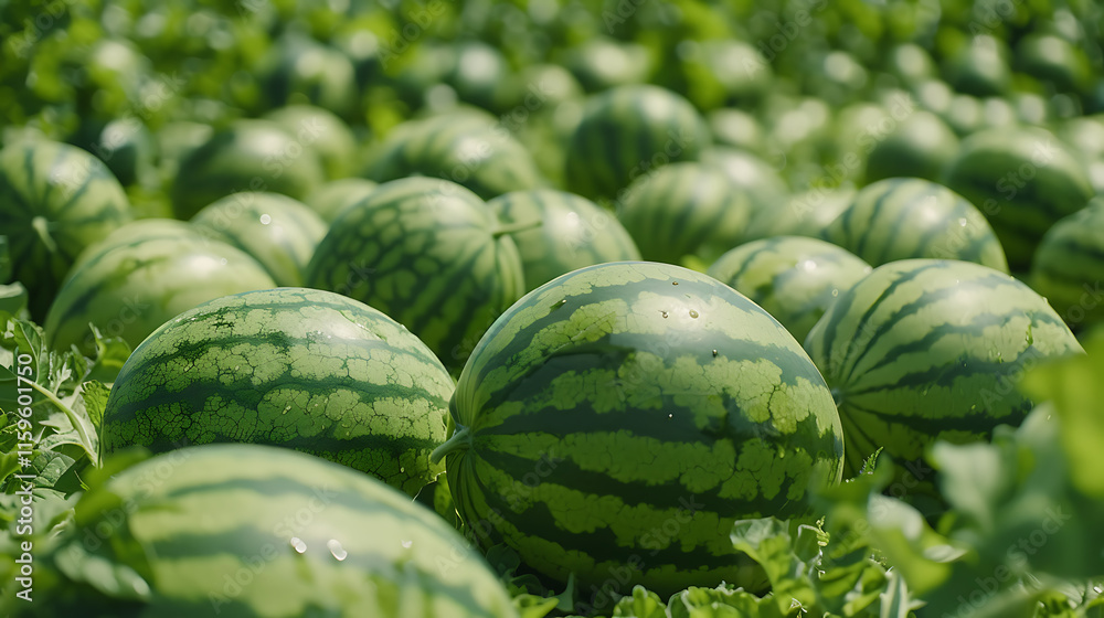 A lush watermelon field with ripe melons, green vines, and clear blue sky on a sunny day A lush watermelon field with ripe melons, green vines, and clear blue sky on a sunny day