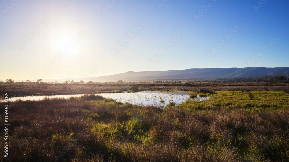 Golden Hour Wetlands: Serene landscape photography showcasing a tranquil wetland bathed in the warm glow of sunrise or sunset, mountains in the distance. Golden Hour Wetlands: Serene landscape photography showcasing a tranquil wetland bathed in the warm glow of sunrise or sunset, mountains in the distance.