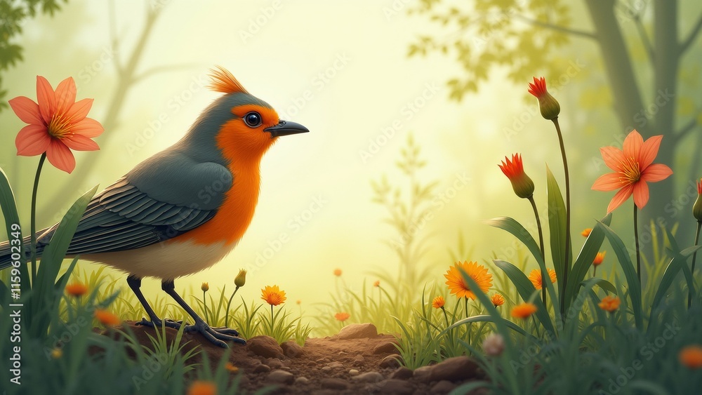 Obraz premium The image is a digital illustration of a bird standing on a rock in a garden. The bird is facing towards the right side of the image and is surrounded by orange flowers and green plants.