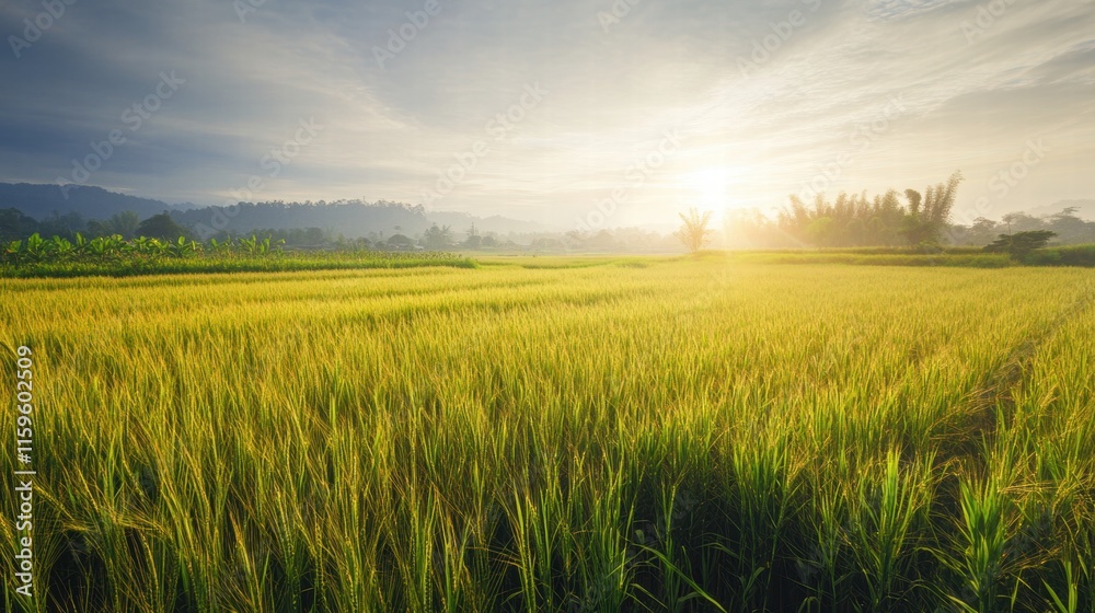 Fototapeta premium Golden Hour Harvest: Serene sunrise over a vast, golden wheat field. The sun's rays illuminate the landscape, creating a breathtaking scene of natural beauty and abundance. 