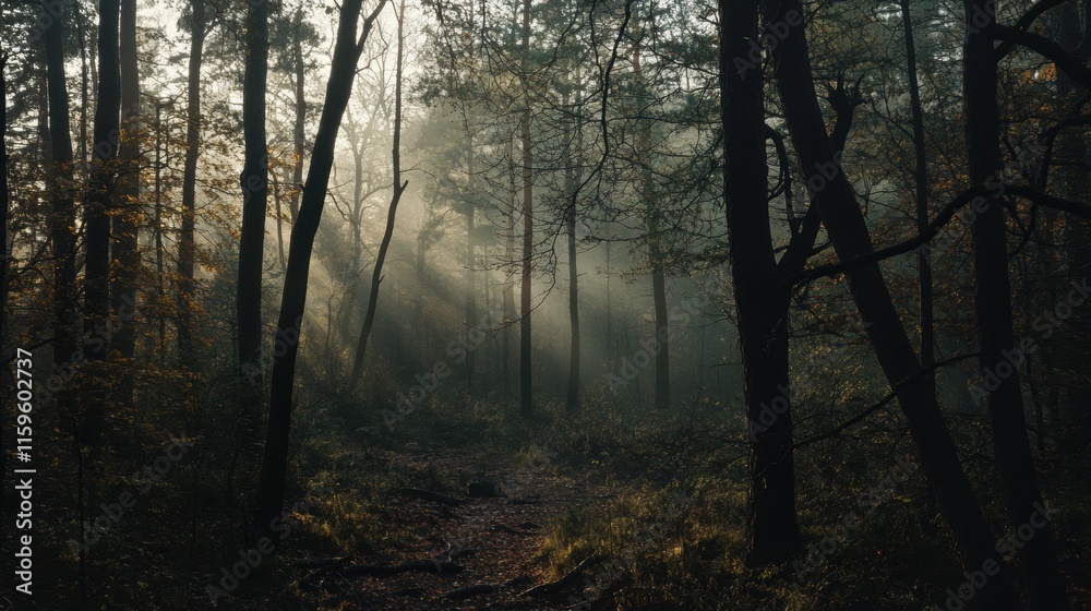 Fototapeta premium Mystical Forest Path: A narrow path winds through a dense forest, bathed in the ethereal glow of sunlight filtering through the mist. The trees stand tall and imposing.
