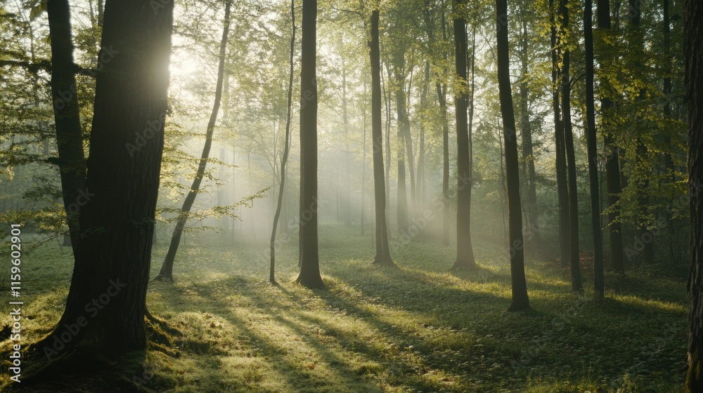 Naklejka premium Sunbeams Through Misty Forest: A serene forest bathed in ethereal morning light, with sunbeams piercing through the mist and casting long shadows on the lush green undergrowth. 