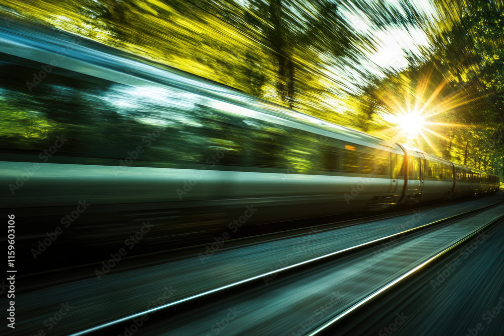 High-speed train rushing through a sun-drenched forest, motion blur effect. High-speed train rushing through a sun-drenched forest, motion blur effect.