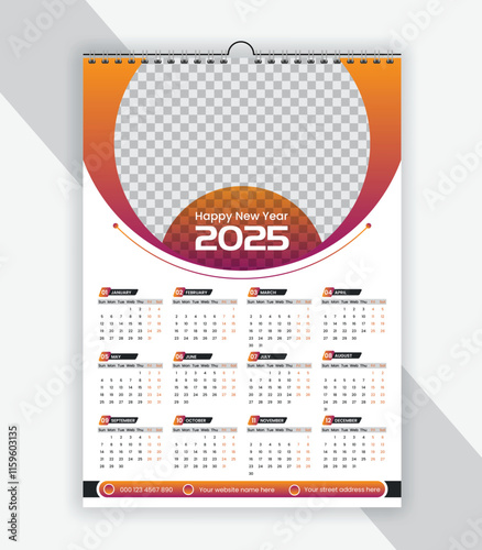 Modern wall calendar 2025 design template, week starts Monday, clean, elegant template schedule planner	