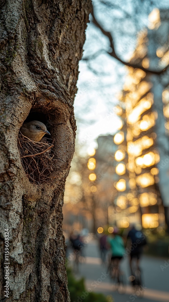 Fototapeta premium Nest rests in tree crook in busy city park. Blends serene wildlife with vibrant urban activity, showcasing nature's persistence.