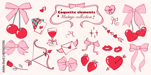 Set of love themed coquette elements. Vintage hand drawn icons of ribbon bows, hearts, cherries, roses, cards, strawberries, cupid arrows. Decoration for Valentine's Day, wedding, romantic designs.