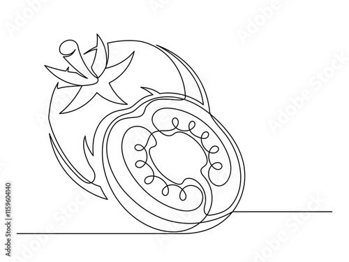 Continuous one line whole and halves tomato isolated on white background. Simple vegetable silhouette. Hand drawn tomatoes outline. Vector illustration