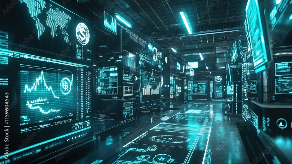 Fototapeta premium A futuristic stock market trading floor with holographic charts and currency symbols.
