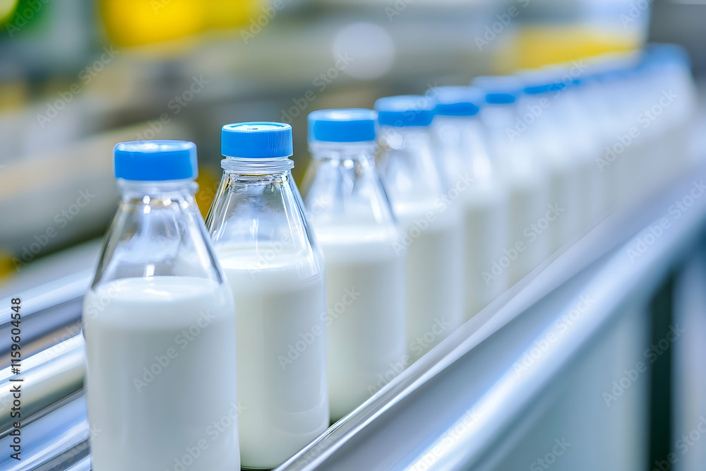 Fresh milk bottles move smoothly along a conveyor belt in an efficient dairy operation Fresh milk bottles move smoothly along a conveyor belt in an efficient dairy operation
