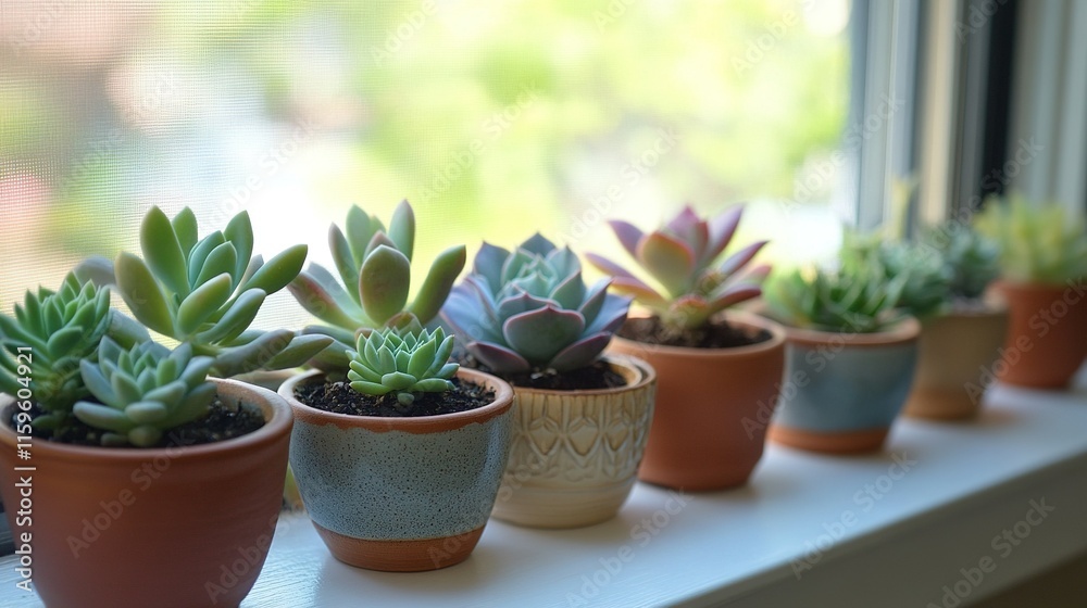 A detailed shot of succulent plants in small ceramic pots on a windowsill. A detailed shot of succulent plants in small ceramic pots on a windowsill.