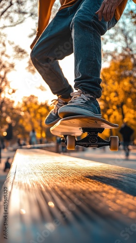  Skateboarder performs a smooth nose slide on a polished metal bench, leaning confidently forward in a display of skill and balance. photo