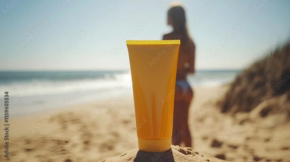 Tubo de crema solar sobre la playa con mujer tomando el sol al fondo Tubo de crema solar sobre la playa con mujer tomando el sol al fondo