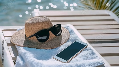 Un gorro junto a unas gafas de sol y un móvil durante unas vacaciones
