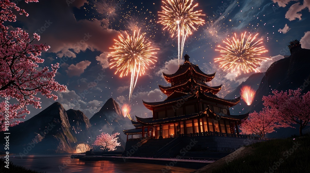 Fototapeta premium Traditional asian festival celebration with fireworks at historic temple serene landscape nighttime cultural experience