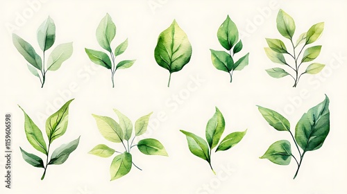 Green Leaf Collection: Artistic Watercolor and Detailed Digital Illustrations Featuring Clovers, Tropical Leaves, Falling Foliage, and Textured Dry Leaves - Perfect for Nature-Themed Designs and Decor