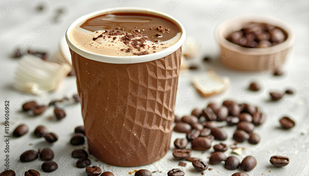 Brown paper cup with plastic lid on light background. Coffee to go Brown paper cup with plastic lid on light background. Coffee to go