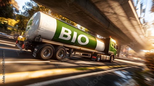 A bio-fuel truck driving under an overpass, 