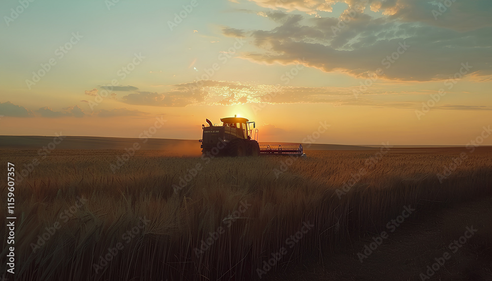 Fototapeta premium Harvester working in wheatfield at sunset. Harvest ripe wheat. Agriculture and farming