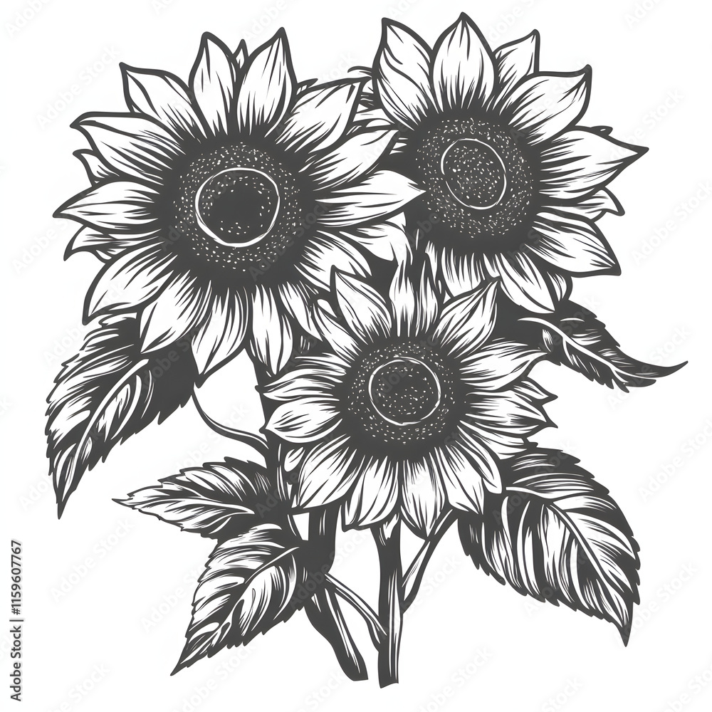 Fototapeta premium Sunflower black and white illustration flowers tattoo sketch clipart on white baclground 