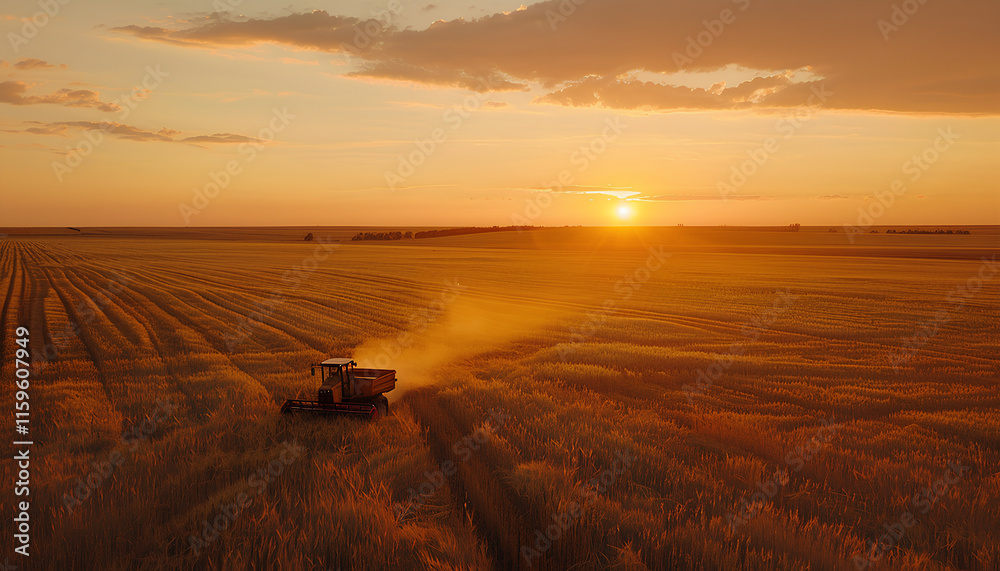 Fototapeta premium Harvester working in wheatfield at sunset. Harvest ripe wheat. Agriculture and farming