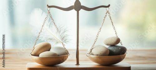 Balancing feather and stones on a scale, concept of weight and lightness photo