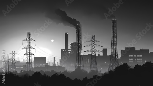 Industrial power generation coal-fired plant black and white photography urban landscape dusk environmental impact. Twilighted. Illustration photo