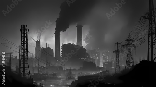 Industrial power generation coal-fired plant black and white photography urban landscape dusk environmental impact. Twilighted. Illustration
