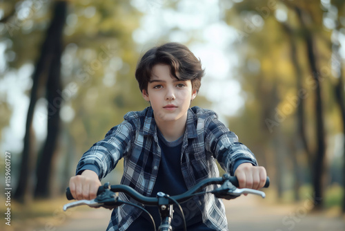 A handsome 14-year-old European teenage boy rides a bicycle in the park. Leisure, cycling. Advertising banner. photo