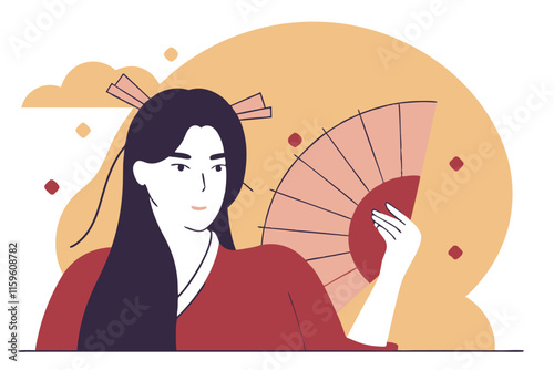 Beautiful young asian woman wearing traditional kimono holding fan. Vector flat illustration