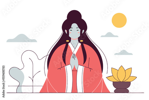 Beautiful young asian woman wearing traditional kimono. Vector flat illustration