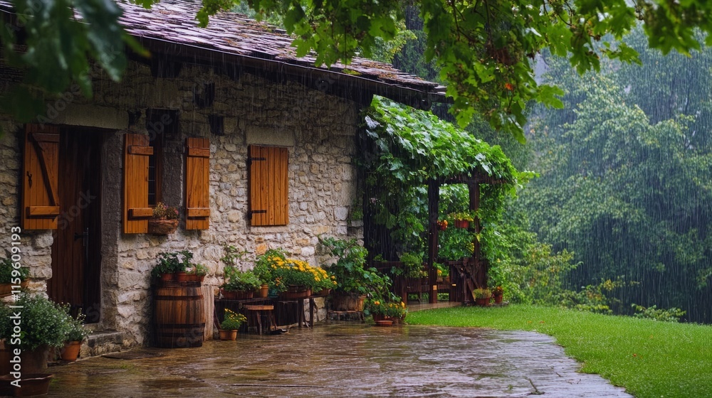Stone country house with wooden shutters, water drops falling from nearby vineyards, generative ai Stone country house with wooden shutters, water drops falling from nearby vineyards, generative ai