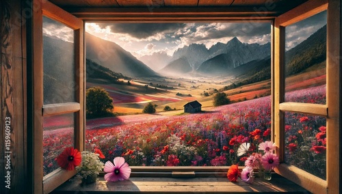 landscape of a flowery field seen from the window of a farm in the mountains photo