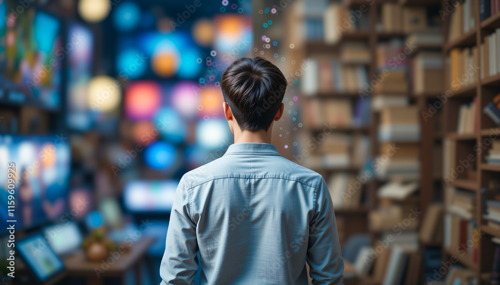 Fototapeta premium Student contemplating the choice between digital information overload and traditional library books, illustrating the evolving landscape of education and the pursuit of knowledge.