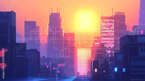 5G network depicted as a glowing lattice structure spanning a modern city skyline, warm golden hour lighting, vibrant connections linking buildings, advanced and interconnected vibe photo