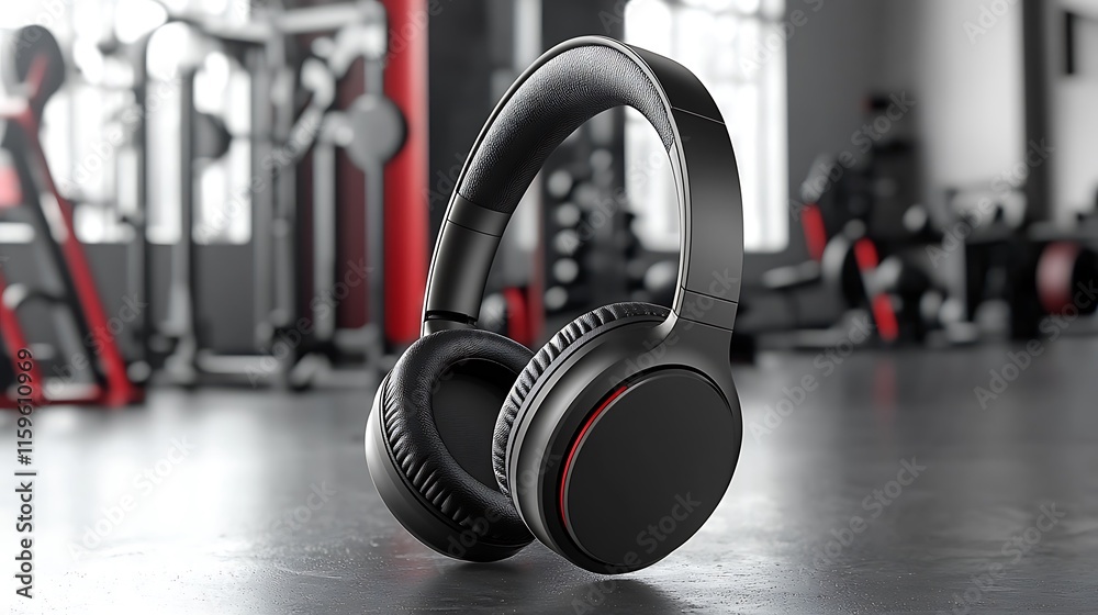 Sleek wireless headphones with bold matte finish, gym setting with blurred workout equipment in the background, noise-cancelling feature illustrated by sound waves fading into silence, bright natural Sleek wireless headphones with bold matte finish, gym setting with blurred workout equipment in the background, noise-cancelling feature illustrated by sound waves fading into silence, bright natural