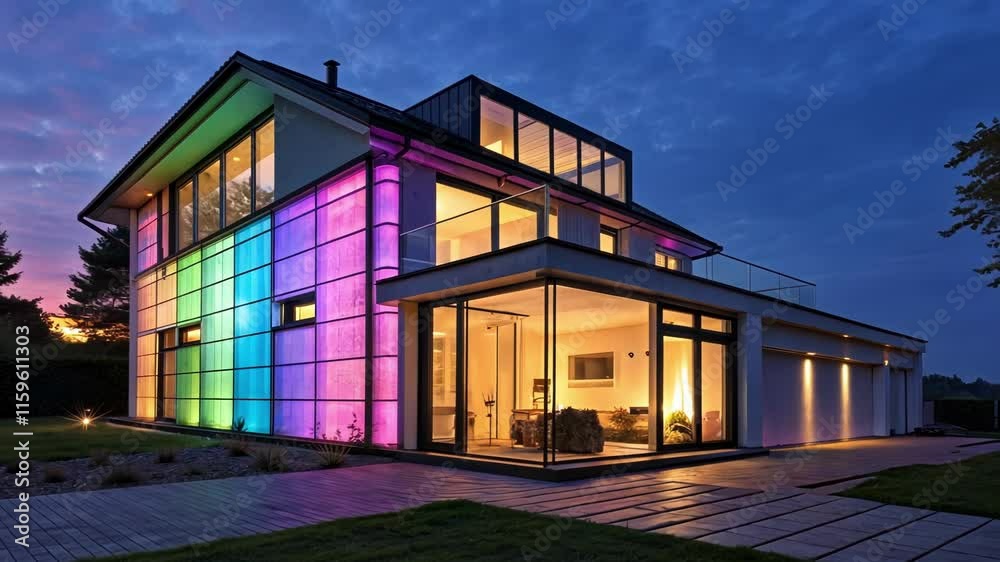 Multicolored led light panels casting vibrant illumination across contemporary home facade, transforming residential exterior during twilight with innovative architectural lighting design Multicolored led light panels casting vibrant illumination across contemporary home facade, transforming residential exterior during twilight with innovative architectural lighting design