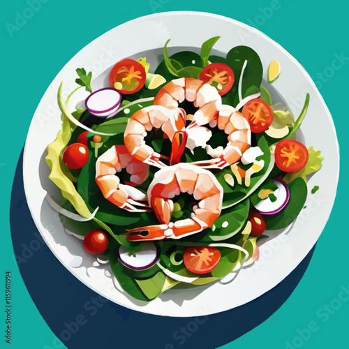 shrimp and lettuce salad vector illustration