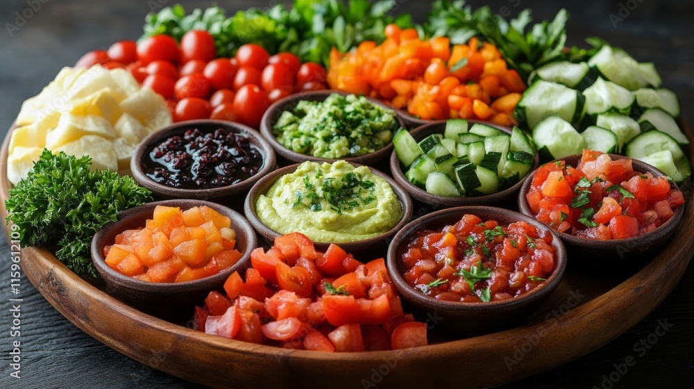 Colorful arrangement of fresh vegetables and dips on a wooden platter for a gathering Colorful arrangement of fresh vegetables and dips on a wooden platter for a gathering