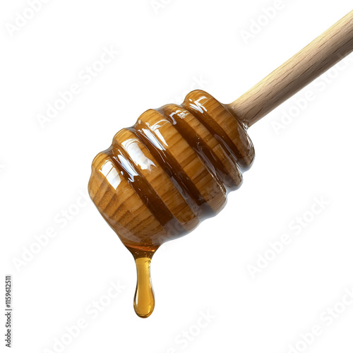A wooden honey dipper dripping golden honey.